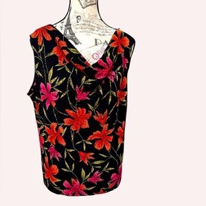 WEST END Floral Sleeveless Top - Black with Red Flowers, cowl neckline size XL